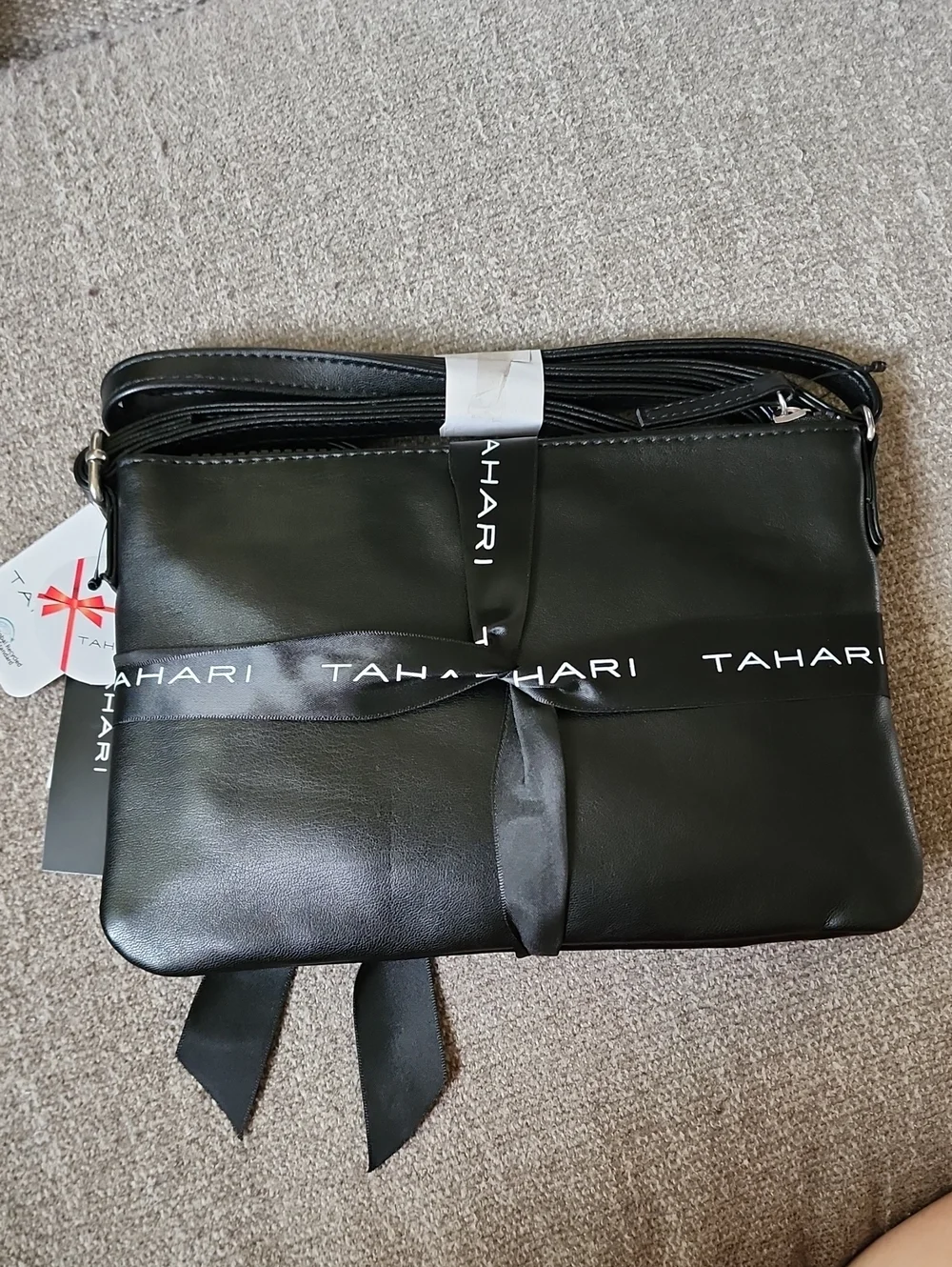 Tahari Black and Coral Patterned Crossbody Bag